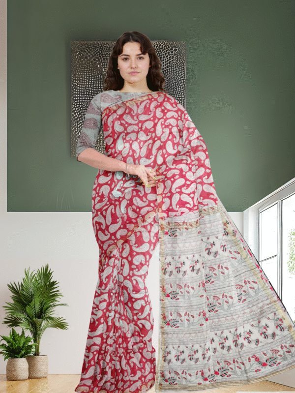 Red and White Cotton Saree with Paisley Print and Ethnic Pallu - Tussar Muga Sarees