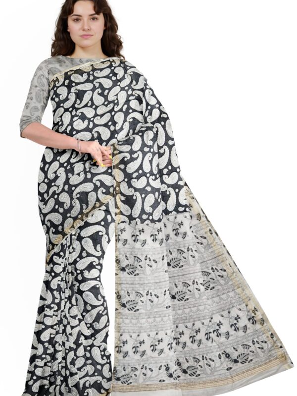 Black and White Cotton Saree with Paisley and Tribal Pallu Design - Tussar Muga Sarees
