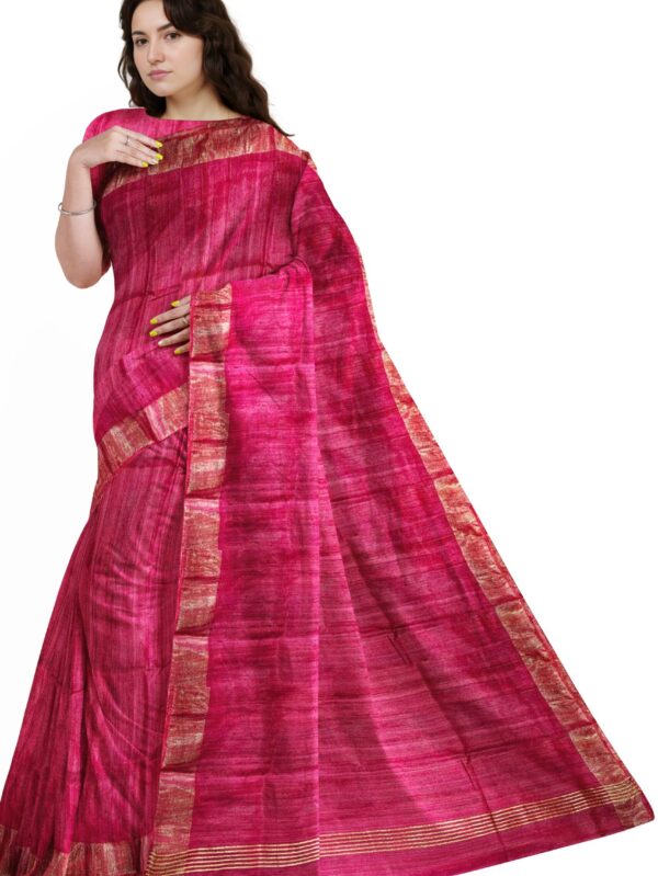 Elegant Pink Linen Saree with Golden Zari Border - Tushar Silk Saree