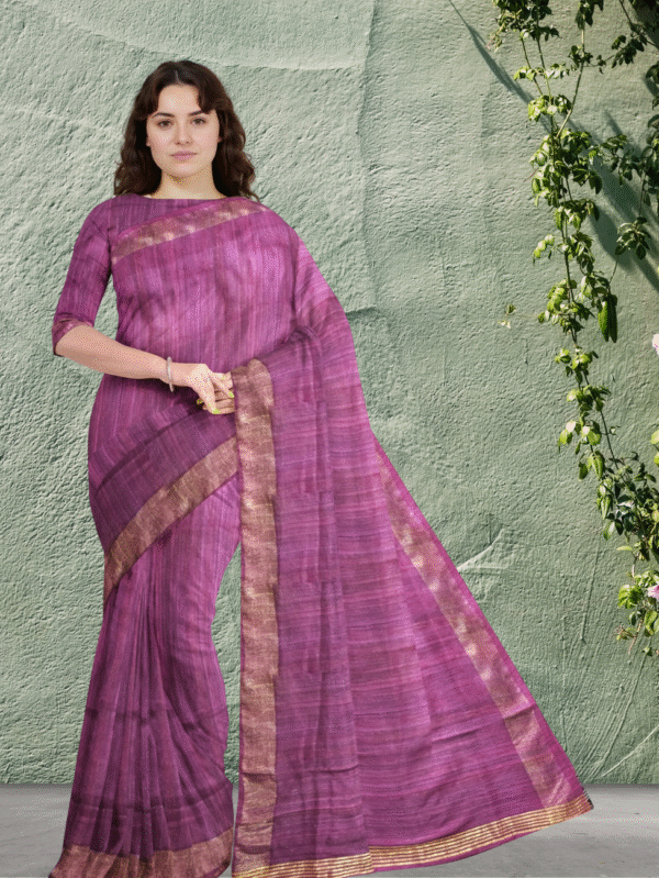Elegant Purple Cotton Silk Saree with Golden Zari Border - Tussar Ghichacha  sarees