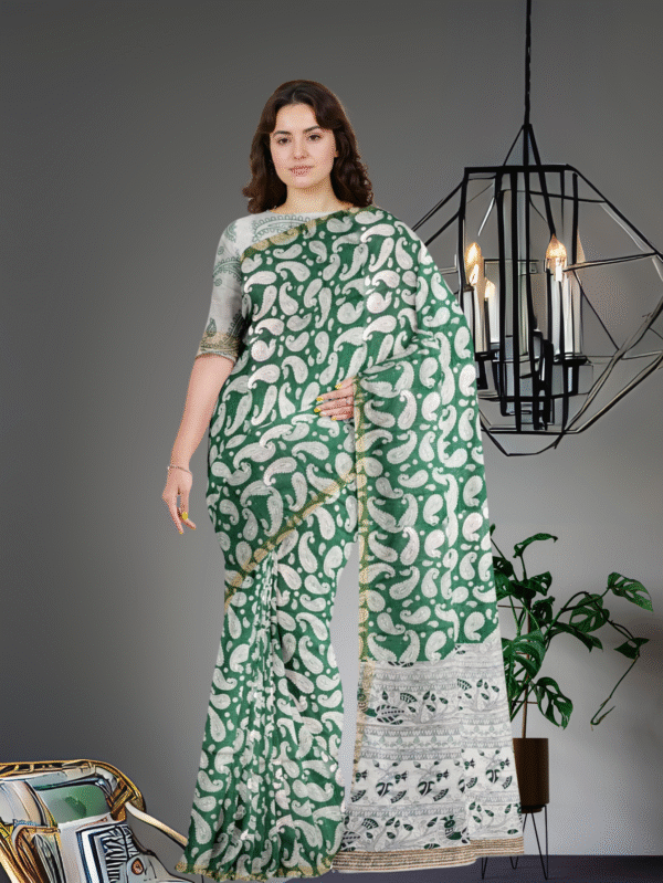 Green and White Cotton Saree with Paisley Print and Traditional Pallu - Tussar Muga Sarees