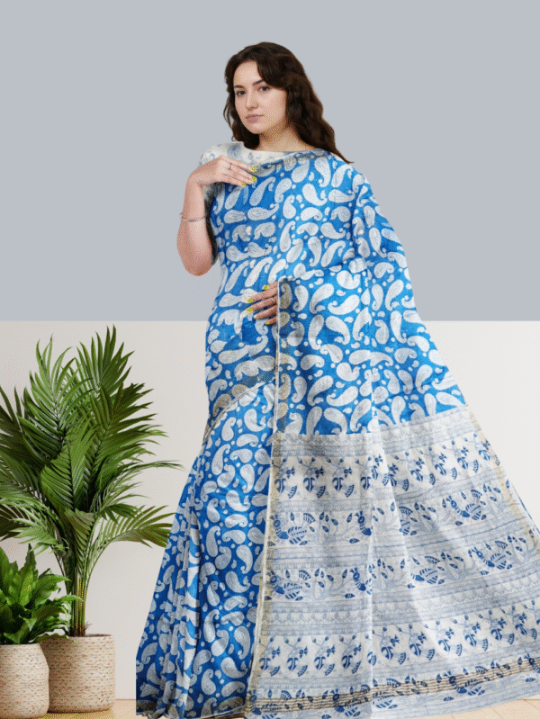 Blue and White Cotton Saree with Paisley and Tribal Motifs - Tussar Muga Saree