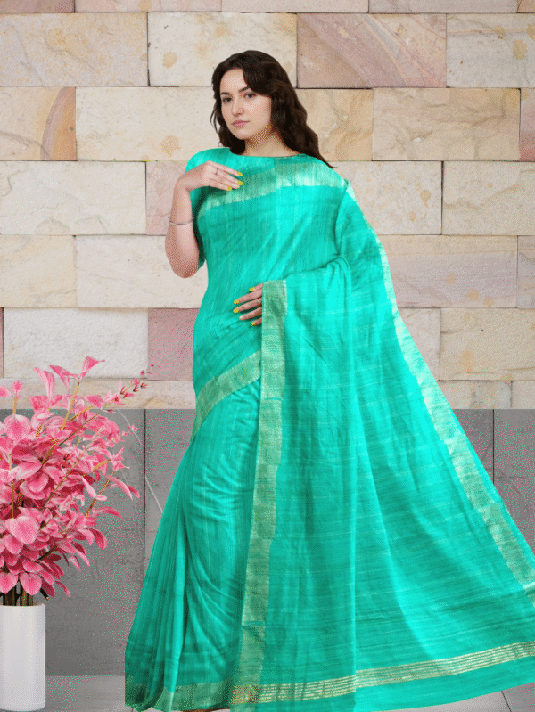 Plain Aqua Green Cotton Silk Saree with Subtle Golden Border - Tussar Ghichacha  sarees