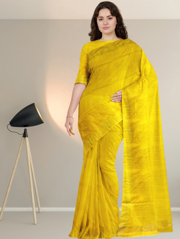 Bright Yellow Cotton Silk Saree with Subtle Golden Border - Tussar Ghichacha  sarees